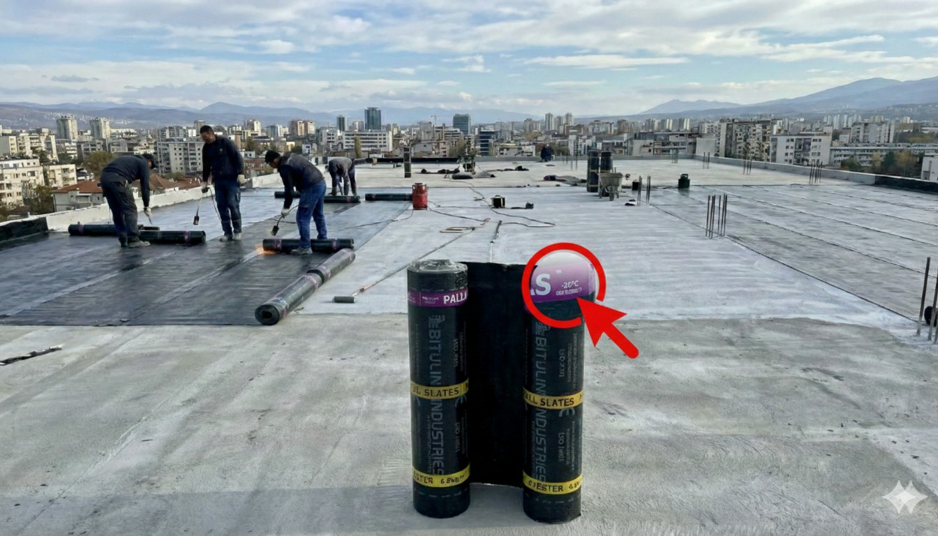 Εγκατάσταση ασφαλτικής μεμβράνης σε ταράτσα με έμφαση στη θερμοκρασιακή αντοχή -20°C. Εργάτες τοποθετούν ασφαλτόπανο με φλόγιστρα. Image generated by Google Gemini, Image source: AI-generated